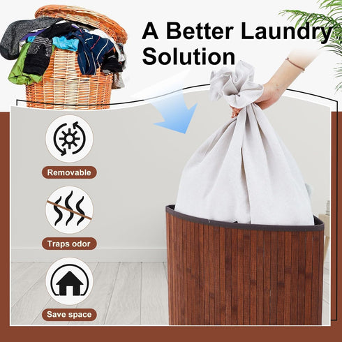 Gueevin Corner Laundry Hamper with Lid, 2 Removable Cloth Liners, Bamboo Corner Basket for Bedroom Bathroom Storage