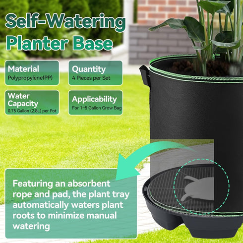 4-Pack 5 OTraki Self Watering Fabric Pot Base, Auto Watering System for Gallon Fabric Pots, Plastic Plant Saucer Stand