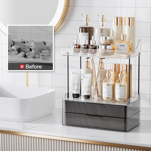 Delamu 2-Tier 2-Drawer Bathroom Organizer Countertop, Multi-Purpose Makeup Organizer, Elegant Black