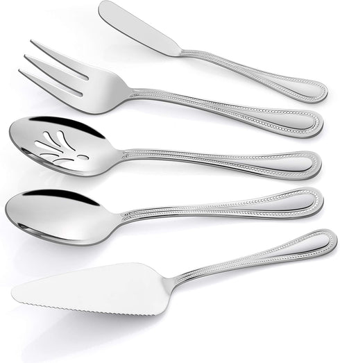 HaWare Stainless Steel Silverware Serving Set, 5 Pieces, Pearled Edge Hostess Set for Buffet Party Kitchen, Dishwasher