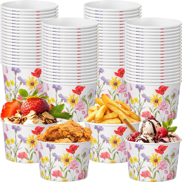 Hsei 60 Pcs 16oz Floral Disposable Soup Bowls Ice Cream Cups Flowers Snack