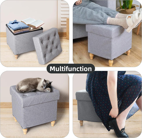 15"x12.6"x15.4 CAROLMADE Folding Storage Ottoman Cube Linen Footstool with Wood Legs Ottoman Footrest for Living Room