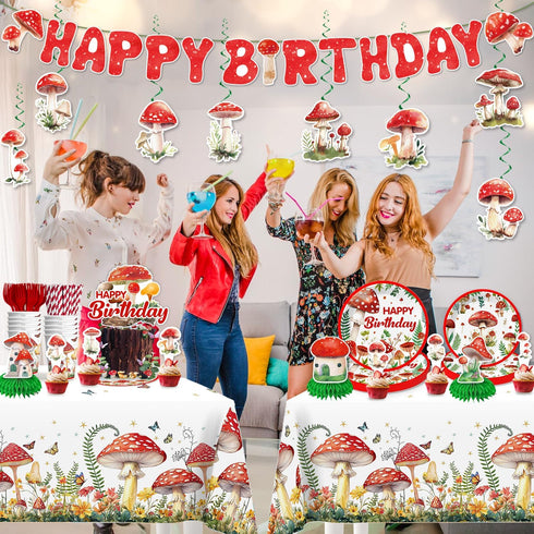 185Pcs Set, 25 cocomigo Mushroom Birthday Decorations Tableware Mushroom Birthday Decorations with Plates Napkins Cups