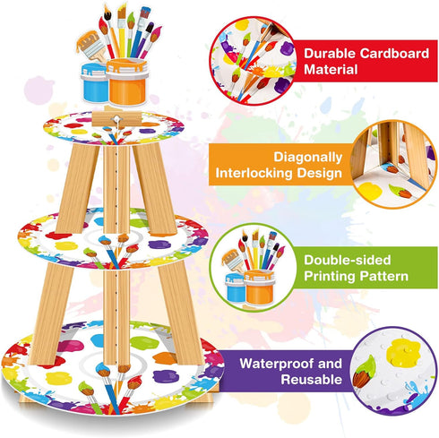 3 Tier Art Paint Party Cupcake Stand, Multicolor Party Holder for Paintbrush Birthday Party Supplies