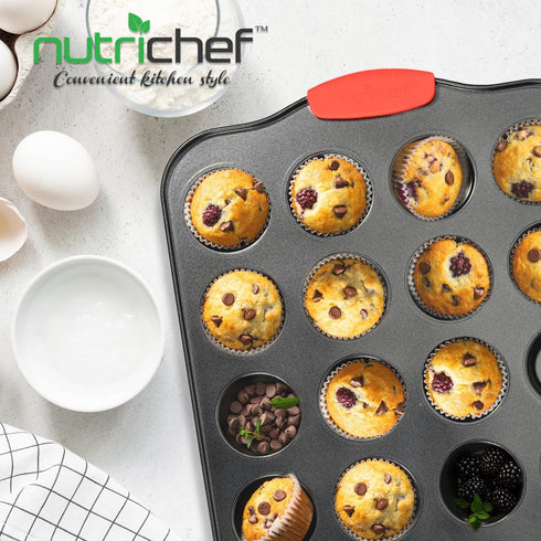 NutriChef 24-Cup Nonstick Mini Muffin Pan, Carbon Steel Bakeware Tray with Red Silicone Handles