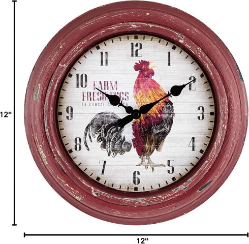 La Crosse Technology 12 Inch Distressed Red Rooster Quartz Wall Clock - Model 404-3630