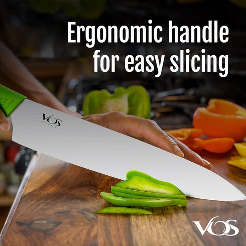 Vos Ceramic Chef Knife, 8 Inch with Protection Cover, Lightweight Zirconia Blade, Green