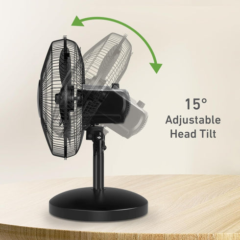 HOLMES 12" Table Fan with 75° Oscillation, 3 Speeds, 15° Adjustable Head Tilt, Ideal for Home, Bedroom, Office, Black