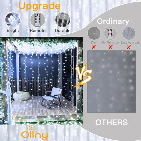 Ollny Curtain Lights 6.6x6.6ft, 200 LED White String Lights with Remote, USB Power Fairy Light for Wedding Decor