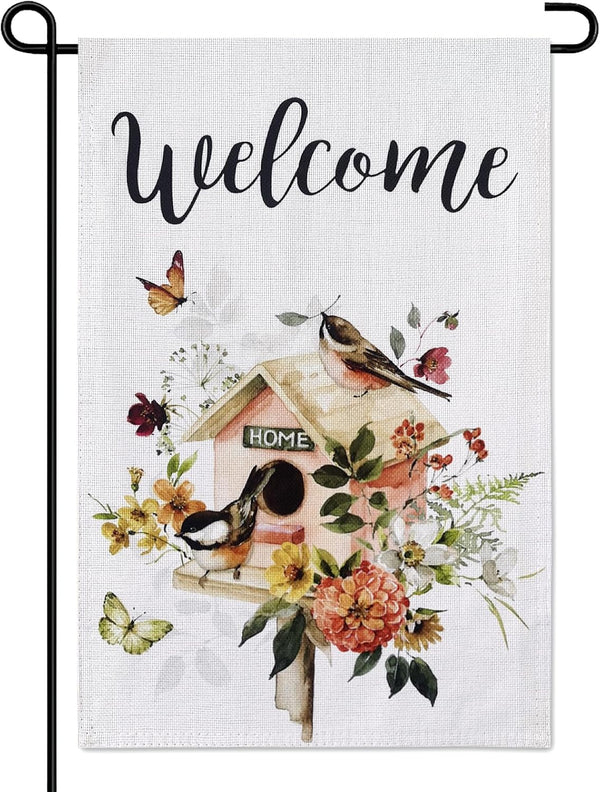Welcome Floral Bird Garden Flag, 12x18 Inch Double Sided for Outdoor Yard Home Decoration