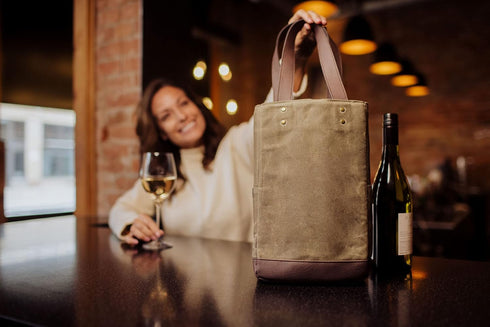 PICNIC TIME 2 Bottle Insulated Tote, Distressed Waxed Canvas Wine Gift Bag, Khaki Green with Beige Accents