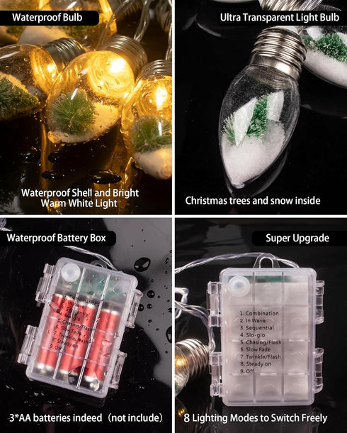 2Pcs 6.6 20 Bulbs Christmas Snow Globe String Lights Indoor Decorations FT Battery Operated Powered String Lights