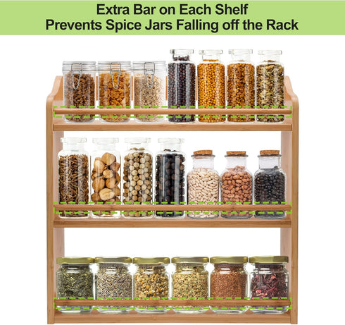 3 Counter Tier Bamboo Spice Rack, Seasoning Jars Rack Shelf Spice Organizer for Kitchen or Wall Mounting