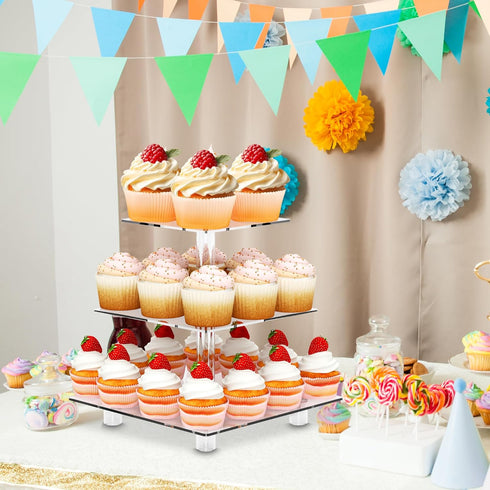 Acrylic Cupcake Stand, Clear 3 Tier Square Dessert Tower Holder Display for Wedding, Party, Baby Shower