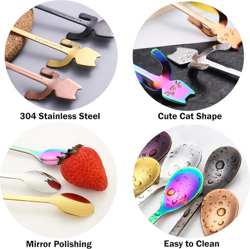Cat Spoon Coffee Tea Spoon Set, ESRISE Stainless Steel Mini Long Cute Kitten Teaspoons for Dessert Mixing (Multicolor)