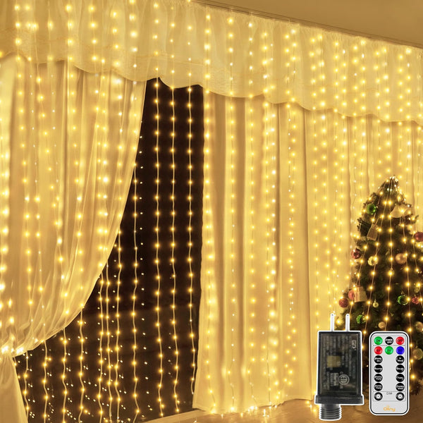 Ollny Curtain Lights 600LED 19.7ft x 9.8ft, IP67 Waterproof Outdoor Curtain Rice