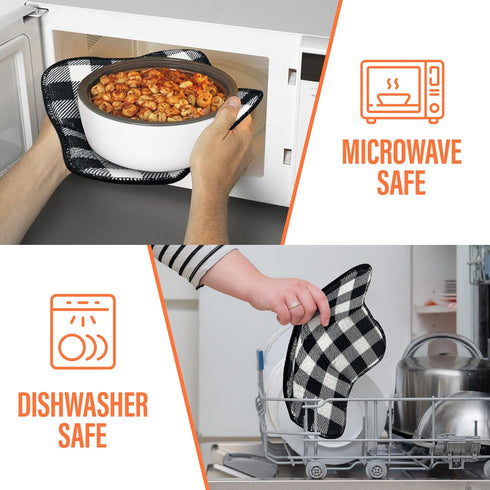 4 Pieces Microwave Bowl Holders Set, Heat Resistant Potholder Protector, Large Hot Pads, Black & White Plaid