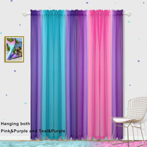 KOUFALL Kawaii Room Decor - Pink and Purple Ombre Kids Curtain Rod Pocket Small Curtains for Girl Bedroom, 45 Inch