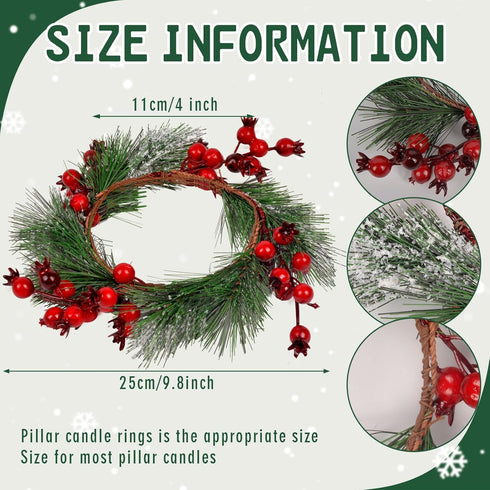 Christmas Candle Rings Wreath, 4.3" 4 PCS, Red Artificial Berry Table Decorations for Holiday Decor