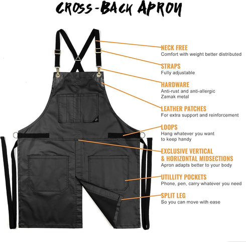 Under NY Sky Cross-Back Panther Black Apron – Coated Twill with Leather Reinforcement, Adjustable for Men and Women