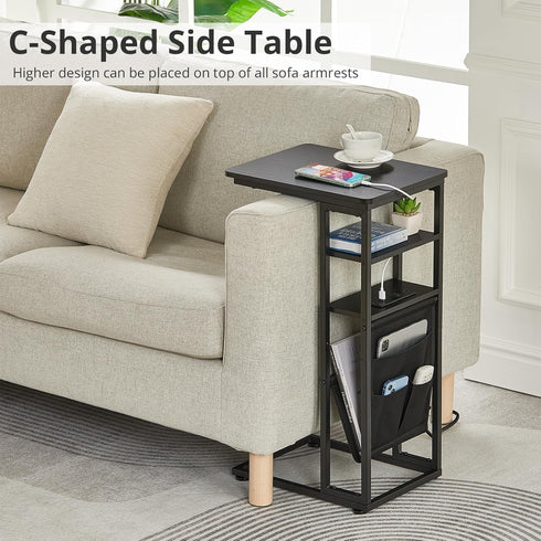 28"(H) 3-Tier C Shaped End Table with Charging Station, C Table with Storage Bag, Under Couch Table C-Shaped End Table
