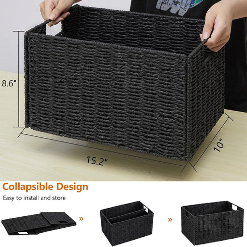 Vagusicc Wicker Basket, Set of 2 Woven Paper Rope Storage Bins with Handles, Foldable Large Cube Organizers in Black