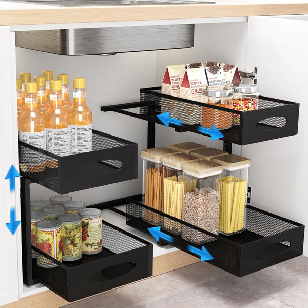 Under Sink Organizer, 2 Tier Pull Out Cabinet Baskets with Mesh Sliding Drawers, Slide Out Storage Shelf for Home &