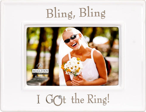 Bling Bling I Got the Ring Picture Frame, 4x6, White, Malden International Designs Glazed Ceramic with Silver Accents