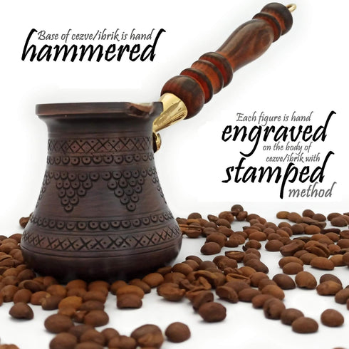 PCZ Series Thickest Solid Copper Engraved/Stamped Turkish Greek Arabic Coffee Pot, 6 fl.oz, Wooden Handle, Antique