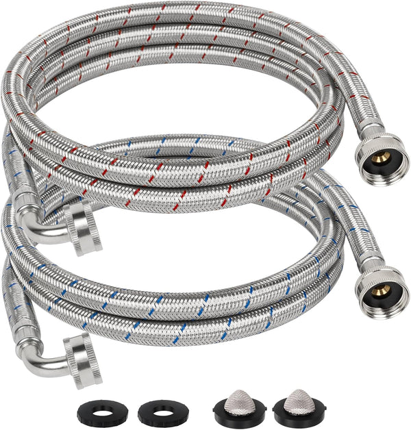 JUWO 6 FT Washing Machine Hoses with 90 Degree Elbow, 3/4" FHT Stainless Steel Washer Hoses for Water Supply, Red & Blue