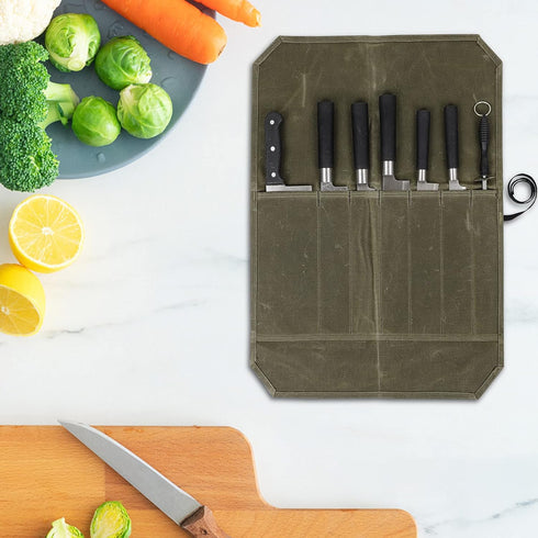 Chef Knife Roll Bag, Waxed Canvas Knife Roll Case with 7 Slots, Portable Kitchen Knife Storage, Culinary Tool Protector