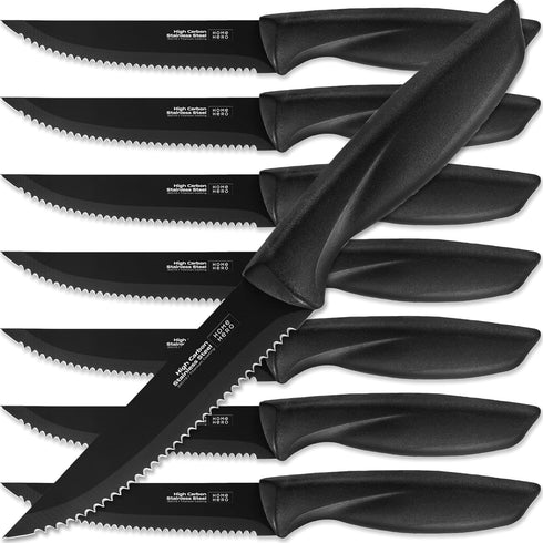 Home Hero Steak Knives Set - 8 Pcs High-Carbon Stainless Steel Serrated Knives with Ergonomic Handles (Black)