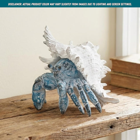 Coastal Hermit Crab Decor Blue Nautical Beach Figurine with Shell for Shelf, Bathroom, Living Room, or Beach House