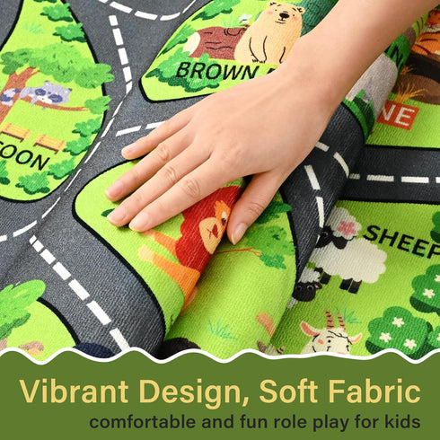 60"x36" Zoo Adventure Kids Car Rug, Cute Animal Play Mat with Non-Slip Backing, Kids Carpet with Lions, Tigers
