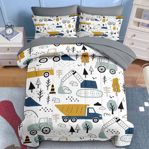 5 Set Bulldozer Nesker Pcs Comforter Twin Size, Cute Cars Truck Tractor Bedding for Kids Teen, Cargo Crane Excavator