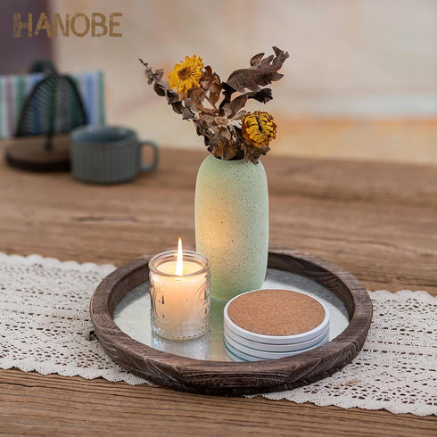 Hanobe Round Wood Decorative Tray: Rustic Wooden Tray for Coffee Table Farmhouse Centerpiece Mirror Candle Holder