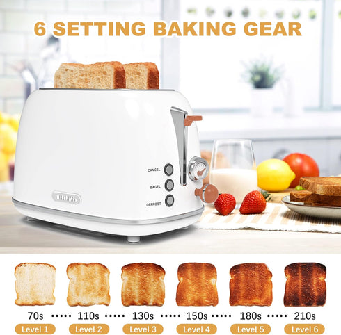 Retro Stainless Steel 2 Slice Toaster with 6 Settings, 1.5 In Extra Wide Slots, Bagel/Defrost/Cancel Function