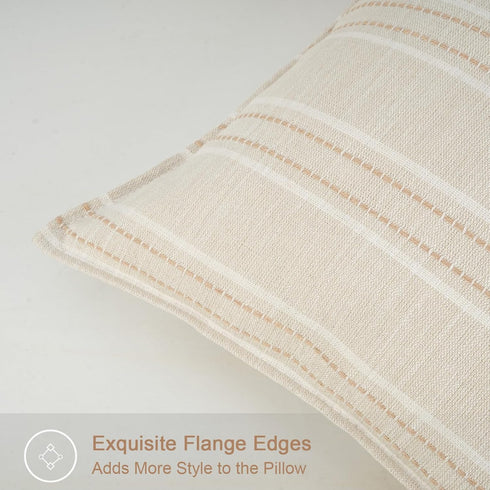 18X18 Set 2 Decorative Farmhouse Linen Throw Pillow Covers, Boho Textured Pillow Case of ,Beige with White & Brown
