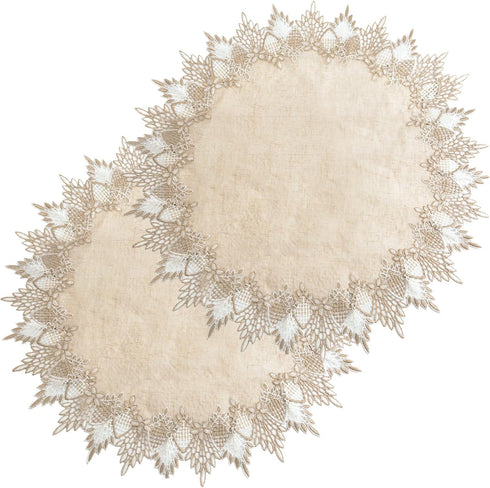 2Pcs Polyester Round Doily, 24 * 24in Beige Table Cover with Lace