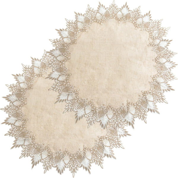 2Pcs Polyester Round Doily, 24 * 24in Beige Table Cover with Lace