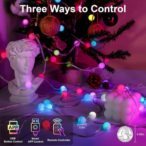 32.8Ft 66LEDs Christmas String Lights Indoor RGB Smart Twinkle Light with Music Sync RF Remote APP Control, USB Powered