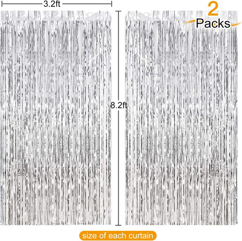 CHRORINE 2pcs 3ft x 8.3ft Silver Tinsel Foil Fringe Curtains for Birthday Graduation Engagement Party Decorations