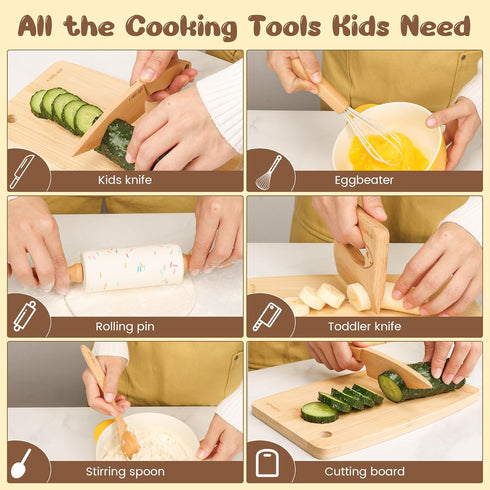 Set 6 LUOLAO Wooden Kids Safe Knife and Kids Baking for Real Cooking, PCS Toddler Montessori Kitchen Tools, Cooking