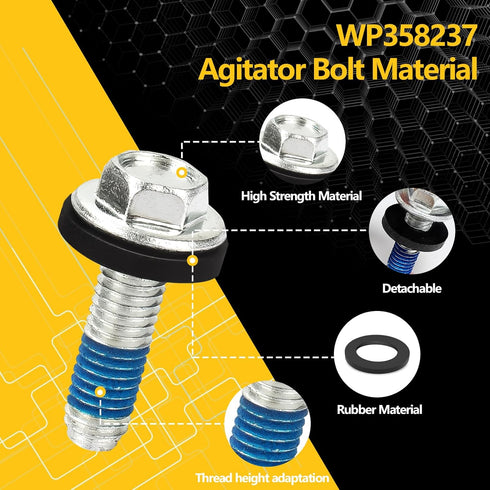 Washer Agitator Bolt Compatible with Whirlpool, WP358237, 285009, AP6008726, with Rubber Gasket Replacement