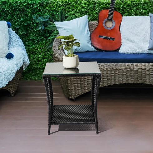 Bonnlo 46x46x50cm Outdoor Coffee Table, Small Garden Side Table with Glass Top and Shelf Underneath, Outside Patio
