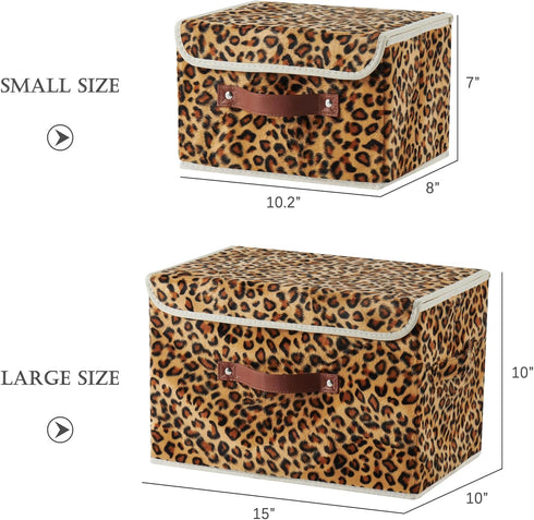 Storage Bin with Lid - Leopard Print Cute Velvet Fabric Basket Box with Faux Leather Handles, Foldable Organizer (Small