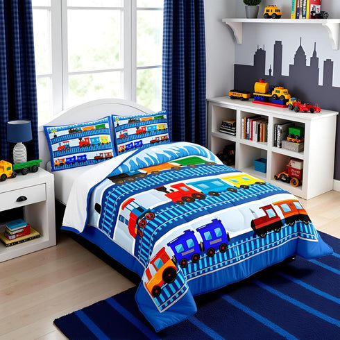 Set 2Pcs,City Sets Insert,1 Cartoon Train Comforter Kids Train Bedding Twin Size ,Colorful Vehicles Car Boys Bed in a