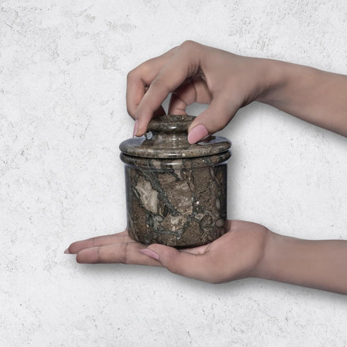 4" Oceanic Marble Butter Crock with Lid: Gray Marble Handmade Butter Storage Dish - Stylish Kitchenware