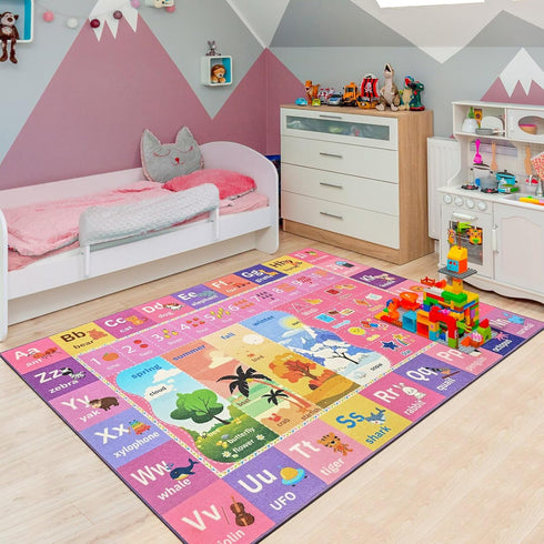 Macgace 3x5 ABC Kids Rug for Playroom, Pink Purple Washable Classroom Area Rugs, Toddler Educational Play Mat