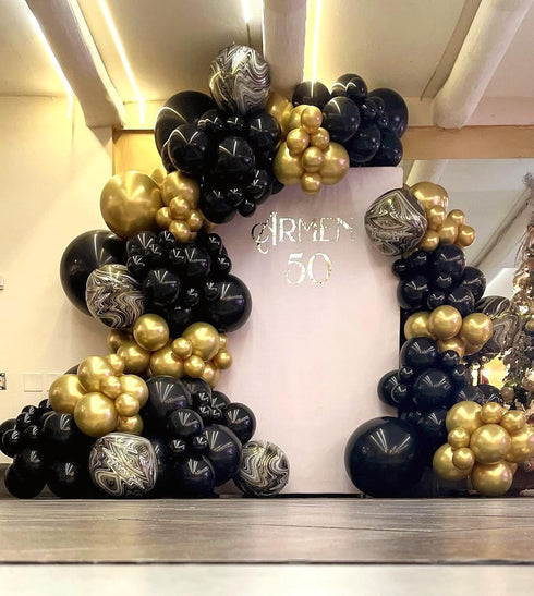 Bezente Black Gold Balloons Garland Kit, 100Pcs Black Gold Metallic Chrome and Gold Confetti Balloons Arch for Wedding,